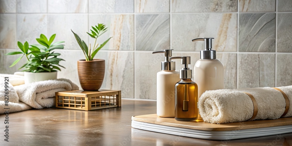 Bathroom Counter with Towels and Soap Dispenser Bathroom Counter with Towels and Soap Dispenser