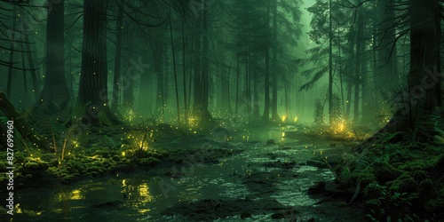 Mystical foggy forest with bright glowing mushrooms
