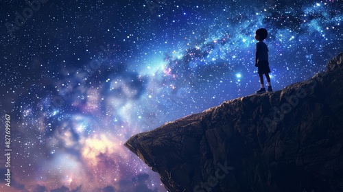awestruck child standing at cliffs edge marveling at a dazzling starry sky with glittering galaxy magical night scene digital painting