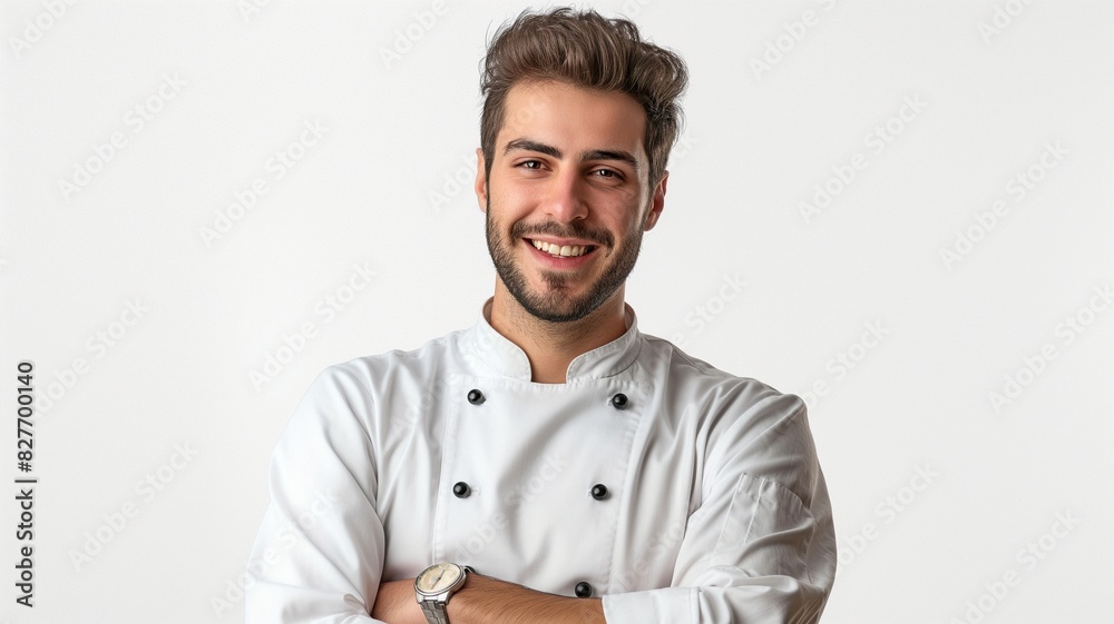 Happy chef in white uniform, casual pose, textured gray background, friendly atmosphere, copy space Happy chef in white uniform, casual pose, textured gray background, friendly atmosphere, copy space