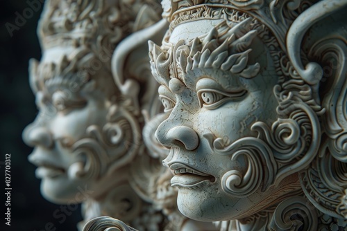 Two Balinese statues with intricate details and a serene expression on their faces.
