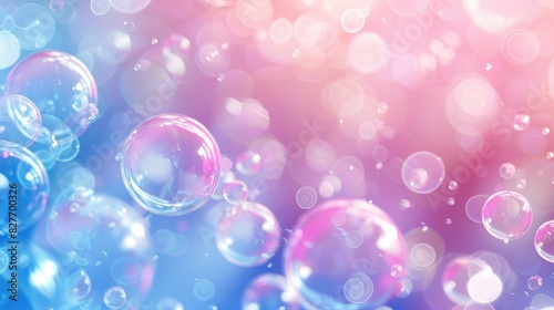 Pink and blue pastel background with blurred bokeh lights and bubbles.