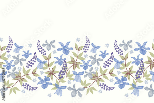 Pattern Floral seamless blue flower motifs border background frame embroidery. Ethnic vintage Ikat pattern paisley design. Ditsy vector illustration hand drawn. photo