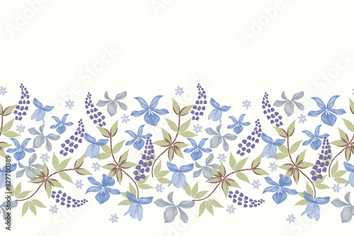 Pattern Floral seamless blue flower motifs border background frame embroidery. Ethnic vintage Ikat pattern paisley design. Ditsy vector illustration hand drawn.