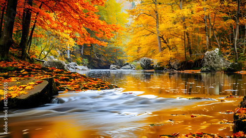 A tranquil river winding through a vibrant autumn forest