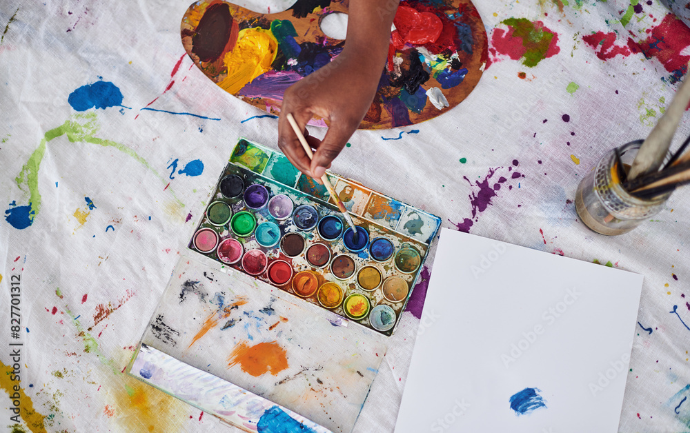 Fototapeta premium Paintbrushes, artist and hands for palette in studio, color and craft in small business and shop. Workshop, equipment and supplies for person, container and project, art and painting in store