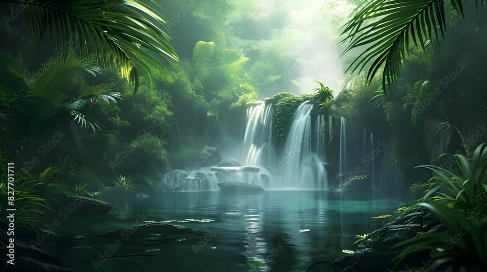 A tranquil waterfall hidden deep within a lush tropical jungle A tranquil waterfall hidden deep within a lush tropical jungle
