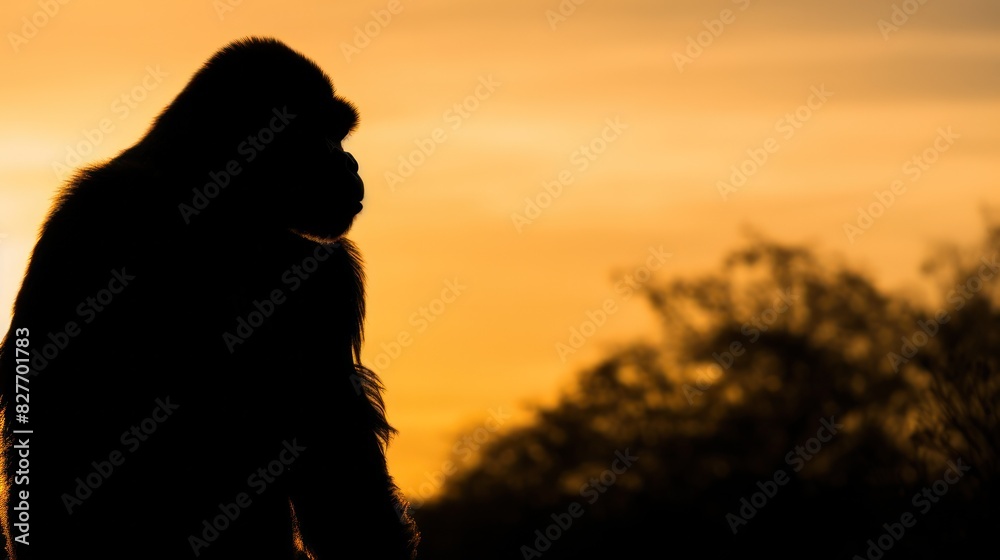 Silhouette of gorilla on sunset sky. Silhouette of gorilla on sunset sky.