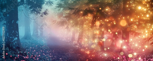 Mysterious enchanted forest with colorful lights illuminating the trees and mist, creating a magical and serene atmosphere. photo