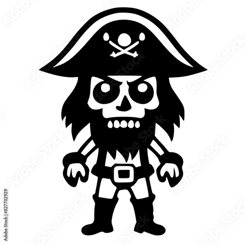 A scary black and white cartoon image of a bearded old pirate with a skull instead of a face who wears a pirate hat with a symbol, belt and boots who stands and looks forward, on a white background.