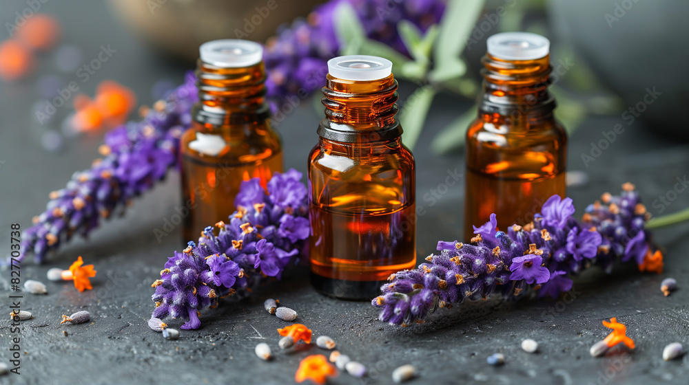 Three bottles of lavender oil are displayed on a table with purple flowers. Natural beauty and aromatherapy. Concept of essential oil and alternative therapy with healing herbs and essences for spa Three bottles of lavender oil are displayed on a table with purple flowers. Natural beauty and aromatherapy. Concept of essential oil and alternative therapy with healing herbs and essences for spa