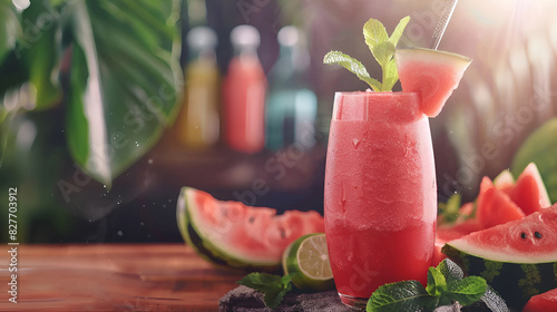 A glass of fresh watermelon juice on a wooden board background ,Jars with watermelon smoothie on a table ,Freshly squeezed juice from a watermelon on a table in glasses. Preparation of a cocktail 