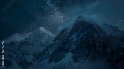 Towering snow-capped mountains under a starry night sky