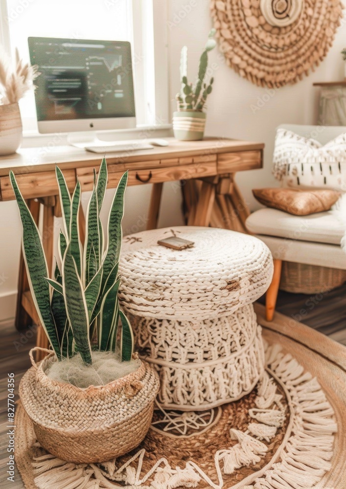 Fototapeta premium Serene Home Office Oasis: Workspace with Lush Plants and Sunlit Ambiance