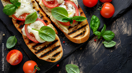 Pressed and toasted panini caprese with tomato, mozzarella and basil, Caprese Panini Sandwich. Delicious breakfast or snack, Clean eating, dieting, vegan food concept. top view photo