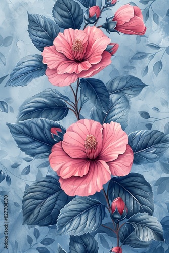 Pink Flowers on Blue Background