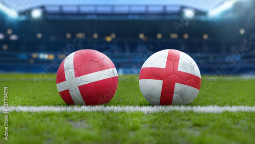 Denmark vs England Soccer Match Soccer Balls on Grass Field