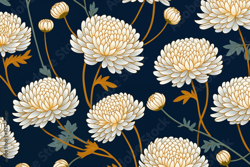 yellow Kiku (Chrysanthemum) showy flowers pattern in Japanese style on blue background