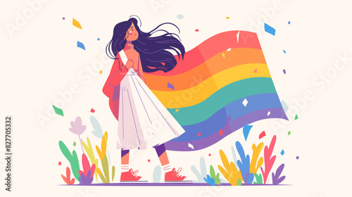 A character in a simple flat design style, confidently waving a rainbow flag, representing LGBTQ+ pride. The character stands against a white background, exuding positivity and inclusion.