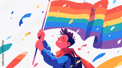 A character in a simple flat design style, confidently waving a rainbow flag, representing LGBTQ+ pride. The character stands against a white background, exuding positivity and inclusion.