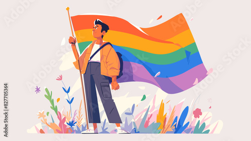 A character in a simple flat design style, confidently waving a rainbow flag, representing LGBTQ+ pride. The character stands against a white background, exuding positivity and inclusion.