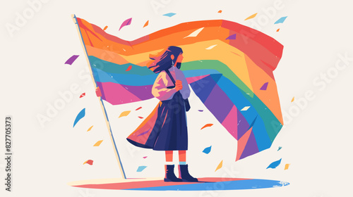 A character in a simple flat design style, confidently waving a rainbow flag, representing LGBTQ+ pride. The character stands against a white background, exuding positivity and inclusion.