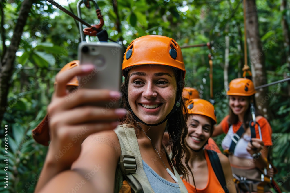 Woman capturing a group of people enjoying a zip line adventure Woman capturing a group of people enjoying a zip line adventure