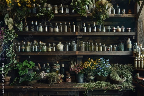 Apothecary Cabinet Filled With Herbal Ingredients For Natural Remedies. Generative AI