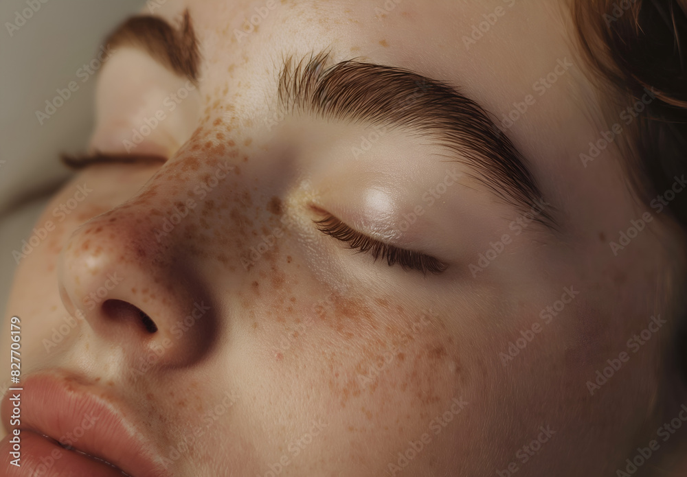 Portrait en gros plan, visage d'une femme assoupie, effet healthy, tâches de rousseurs et beauté simple, jeu de lumière Portrait en gros plan, visage d'une femme assoupie, effet healthy, tâches de rousseurs et beauté simple, jeu de lumière