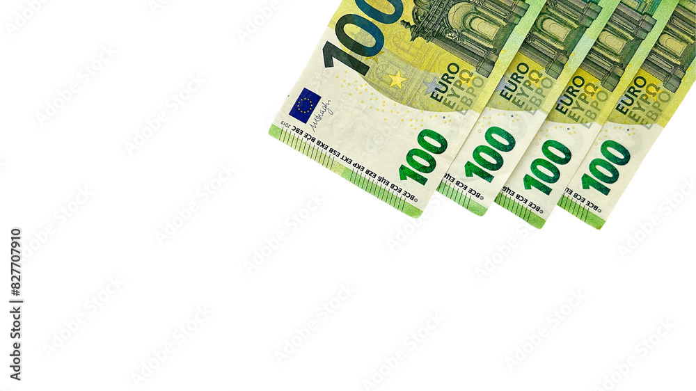Four 100 euro banknotes arranged diagonally on a white background. Ideal for financial services, banking, investments, or money-related businesses. Four 100 euro banknotes arranged diagonally on a white background. Ideal for financial services, banking, investments, or money-related businesses.