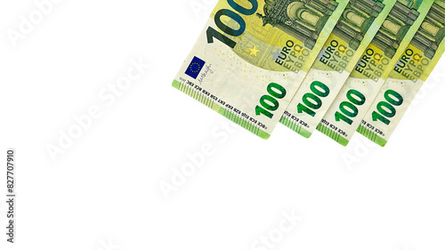 Four 100 euro banknotes arranged diagonally on a white background. Ideal for financial services, banking, investments, or money-related businesses.