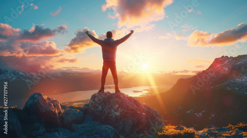 A man is standing triumphantly on the peak of a mountain, with arms outstretched