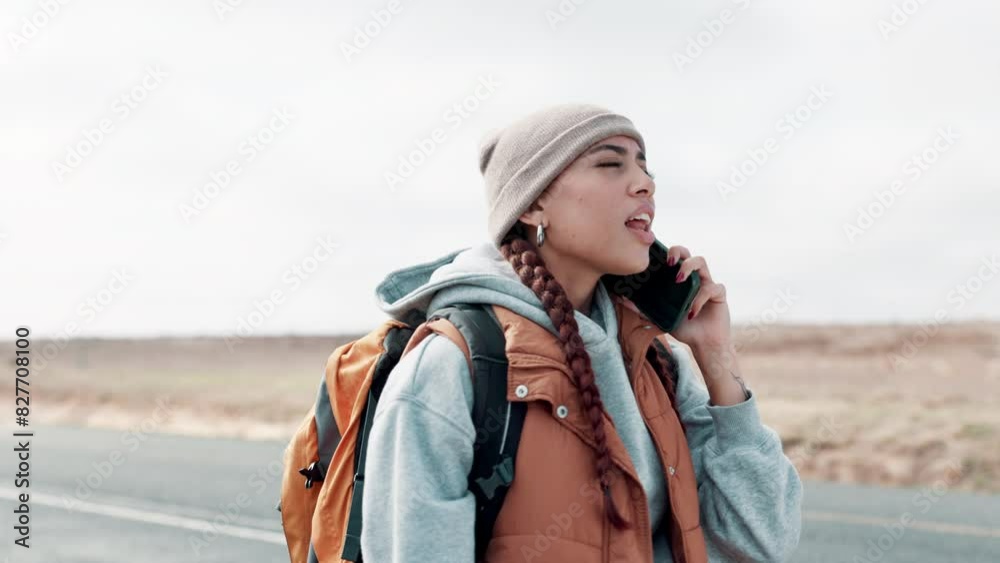 Phone call, bad signal and woman hiking waiting on lift club, ride or pick up for road trip journey. Technology, backpack and person trekking with weak cellphone reception for travel in countryside. Phone call, bad signal and woman hiking waiting on lift club, ride or pick up for road trip journey. Technology, backpack and person trekking with weak cellphone reception for travel in countryside.