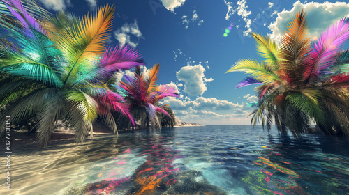 fantasy photo of a beach with palm trees, whose palm leaves are like colorful bird feathers, in all the colors of the rainbow, but the water crystal clear