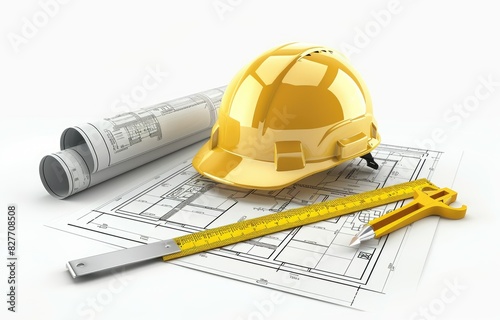 Yellow Helmet, Blueprints, and Ruler on Workspace - Construction, Design, Engineering, and Safety Equipment