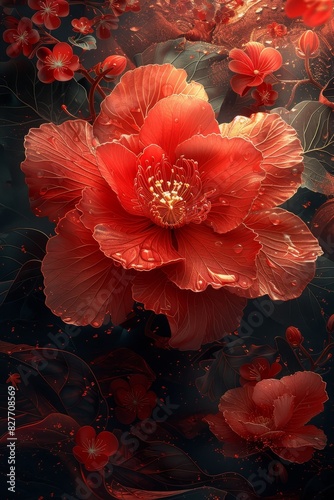 Red Flower With Green Leaves on Black Background