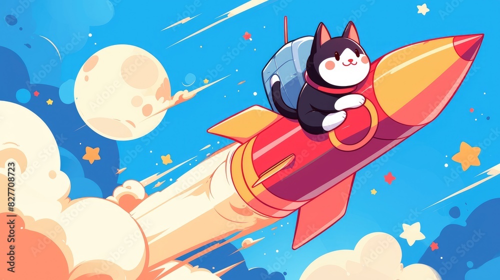 An adorable cat soaring through the sky on a rocket a whimsical animal cartoon design perfect for t shirts greeting cards invitations or even as a fun mascot An adorable cat soaring through the sky on a rocket a whimsical animal cartoon design perfect for t shirts greeting cards invitations or even as a fun mascot