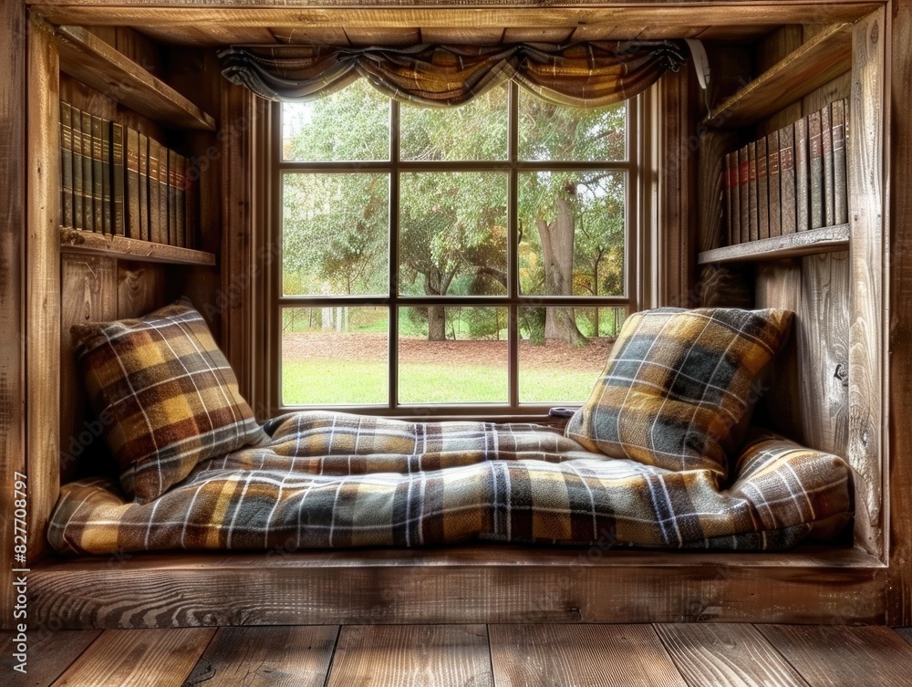 Fototapeta premium Serene Reading Retreat: Cozy Nook with Books and Comforting Blanket