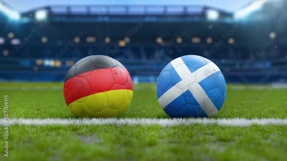 Fototapeta premium Germany vs Scotland Soccer Match Soccer Balls on Grass Field