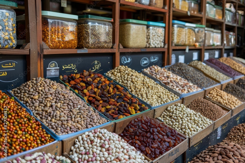 Variety of nuts and dried fruits in bins at a market, emphasizing natural and healthy food options