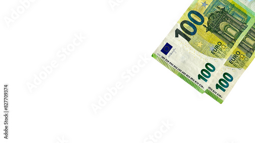 Two 100 euro banknotes on a clean white background. Suitable for financial services, banking, investment, currency exchange, and business-related concepts.