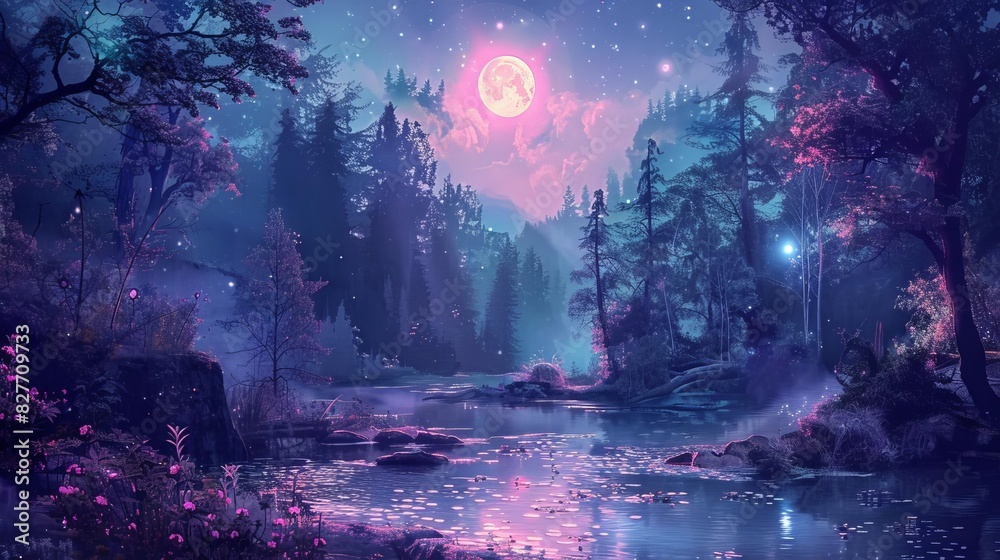 enchanting fantasy forest landscape with shimmering river under luminous full moon digital painting enchanting fantasy forest landscape with shimmering river under luminous full moon digital painting