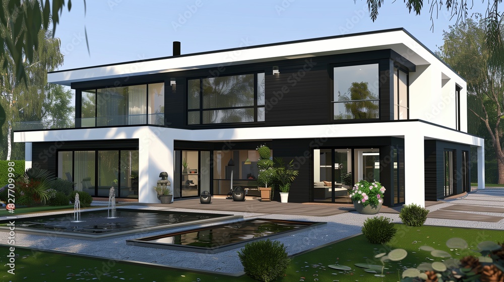 A contemporary suburban house with an eye-catching black and white design, large windows, and a flat roof. The front yard features a beautifully arranged garden with a small pond and fountain.