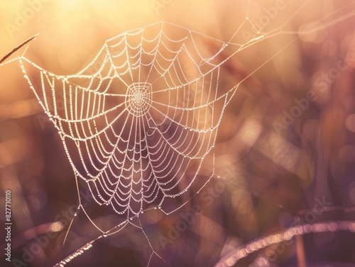Serene Dawn: Close-up Macro Shot of Delicate Spider Web Covered in Dew Drops