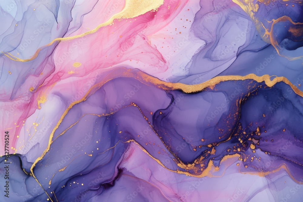Fototapeta premium Abstract watercolor liquid fluid paint, pastel, purple, pink color and golden lines marbled background, AI generated