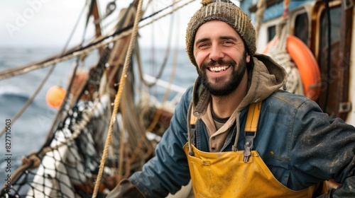 male fisherman in gear, smiling on a fishing boat, ocean in the background