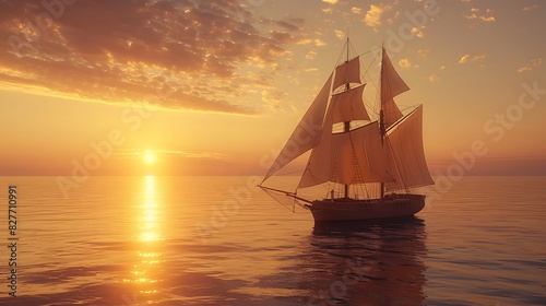 A majestic sailboat with fully unfurled sails gliding across a calm ocean at sunset. 8k  realistic  full ultra HD  high resolution and cinematic photography