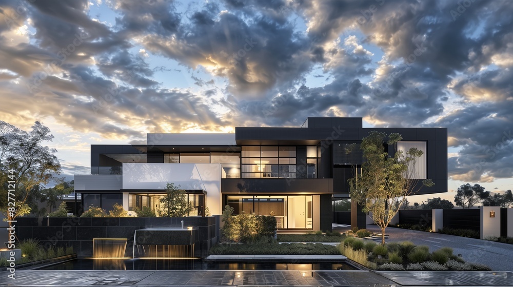 A modern suburban house with a striking facade of black and white materials, captured at midday with a dramatic sky filled with rolling clouds,
