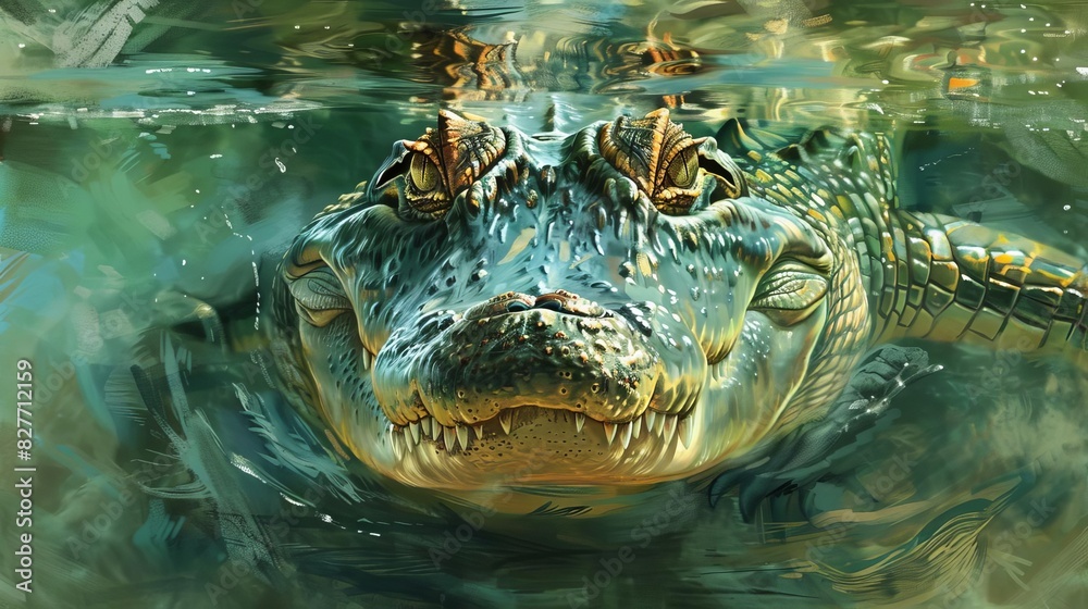 Fototapeta premium fierce saltwater crocodile lurking in the water digital painting