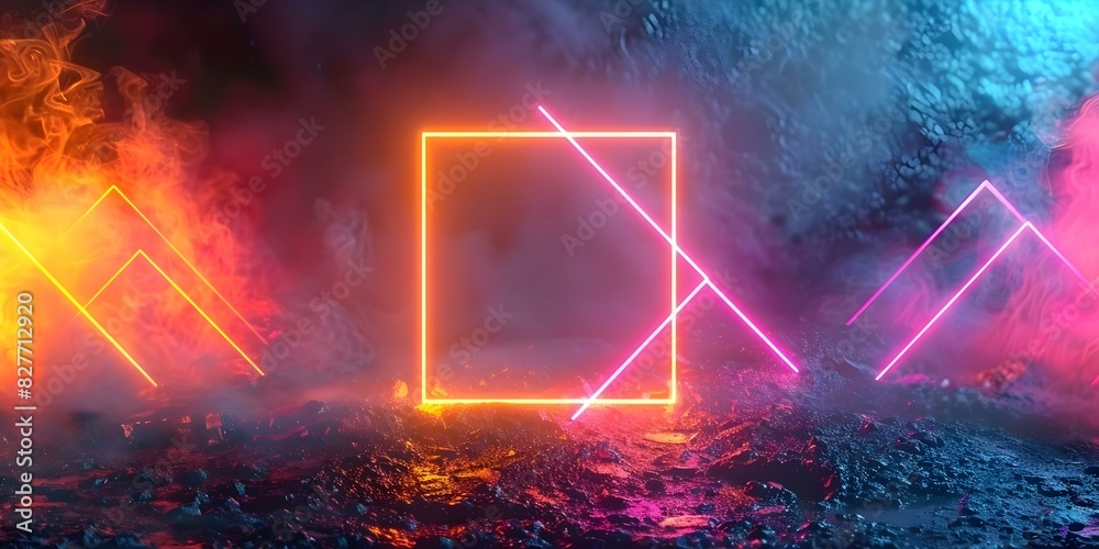 Neon Graphic in Square Frame on Black Background with Copy Space. Concept Neon Art, Square Frame, Black Background, Copy Space, Graphic Design Neon Graphic in Square Frame on Black Background with Copy Space. Concept Neon Art, Square Frame, Black Background, Copy Space, Graphic Design